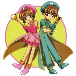  1boy 1girl absurdres blush brown_eyes brown_hair cardcaptor_sakura gloves green_eyes green_footwear highres holding holding_wand kinomoto_sakura li_xiaolang looking_at_viewer magical_girl official_art open_mouth pink_footwear pink_gloves pink_headwear scan short_hair wand 