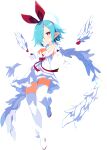  1girl asymmetrical_bangs blue_hair boots bow bright_pupils detached_wings disgaea disgaea_rpg dress elbow_gloves full_body gloves hair_bow hair_over_one_eye halo light_blue_hair mini_wings non-web_source official_art photoshop_(medium) pleinair pointy_ears red_eyes short_hair smile solo thigh-highs thigh_boots transparent_background white_dress white_gloves white_thighhighs white_wings wings 