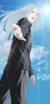  1boy absurdres black_pants black_sweater blue_sky clouds epsilon_(pluto) fujita_shigeru green_eyes highres long_hair long_sleeves looking_at_viewer official_art open_mouth outdoors pants pluto_(manga) reaching reaching_towards_viewer sky smile solo sun sweater white_hair 