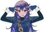  1girl ahoge belt black_shirt blue_eyes blue_hair blue_shirt cape commission crossed_bangs dot_nose double-parted_bangs double_v fire_emblem fire_emblem_awakening highres hoshino_ai&#039;s_pose long_hair looking_at_viewer lucina_(fire_emblem) mariirasuto7 ribbed_shirt shirt simple_background solo tiara tongue tongue_out v white_background 