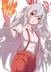  1girl absurdres baggy_pants bow collared_shirt fire fujiwara_no_mokou hair_bow highres long_sleeves ofuda ofuda_on_clothes pants red_eyes red_pants saimu_taju shirt sleeve_garter solo suspenders touhou white_bow white_hair white_shirt 