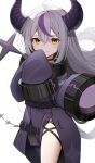  1girl ahoge black_horns braid braided_bangs coat collar grey_hair highres hololive horns kinsuke_z la+_darknesss la+_darknesss_(1st_costume) long_hair metal_collar multicolored_hair pointy_ears purple_coat purple_hair sleeves_past_fingers sleeves_past_wrists smile solo streaked_hair striped_horns virtual_youtuber yellow_eyes 