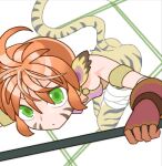  1girl animal_ears bandaged_leg bandages body_fur breath_of_fire breath_of_fire_ii facial_mark fingerless_gloves gloves hair_between_eyes holding holding_staff lowres orange_hair rinpoo_chuan short_hair sicky_(pit-bull) solo staff tail tiger_ears tiger_girl tiger_tail whisker_markings 