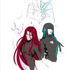  2girls allmind_(armored_core_6) armored_core armored_core_6 ayre_(armored_core_6) black_hair bodysuit breasts green_eyes green_hair green_lips hair_between_eyes highres hime_cut kubaushi lipstick long_hair looking_at_viewer makeup mecha multicolored_hair multiple_girls red_eyes redhead robot sidelocks simple_background sketch_background streaked_hair two-tone_hair upper_body white_background 