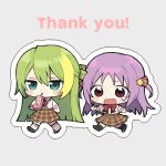  2girls alina_gray aqua_eyes blonde_hair blunt_ends blush bow bowtie boyano brown_skirt chibi collared_shirt commentary_request drinking drinking_straw drinking_straw_in_mouth frown full_body green_hair grey_background hair_between_eyes hair_ornament hair_ribbon holding_carton looking_at_another magia_record:_mahou_shoujo_madoka_magica_gaiden mahou_shoujo_madoka_magica misono_karin multicolored_hair multiple_girls open_mouth orange_ribbon plaid plaid_skirt purple_hair red_bow red_bowtie ribbon sakae_general_school_uniform school_uniform shirt sidelocks single_hair_ring skirt socks standing star_(symbol) star_hair_ornament straight_hair strawberry_milk streaked_hair tearing_up tears two_side_up wavy_mouth white_shirt white_socks 
