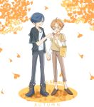  2boys autumn autumn_leaves bag black_hair black_jacket black_pants brown_footwear brown_pants day food freckles green_eyes hair_over_one_eye highres holding_hands jacket jinnai_enta kuji_toi light_brown_hair male_focus multiple_boys outdoors pants qi_yushi sarazanmai standing 