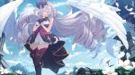  1girl beretta_crossrain blue_sky bow braid closed_eyes clouds day dress drill_hair falling_feathers feathered_wings feathers flower gloves hair_bow highres indie_virtual_youtuber long_hair open_mouth praying purple_gloves short_dress sky thigh-highs twintails white_flower white_hair white_wings wings 