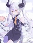  1girl absurdres ahoge bare_shoulders black_horns braid braided_bangs cellphone grey_hair highres holding holding_phone hololive horns kazama_iroha la+_darknesss la+_darknesss_(1st_costume) long_hair looking_at_viewer multicolored_hair murasaki_shiro phone pointy_ears purple_hair purple_thighhighs single_thighhigh smartphone solo streaked_hair striped_horns thigh-highs virtual_youtuber yellow_eyes 