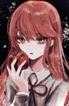  1girl apple black_background collared_shirt danganronpa/zero danganronpa_(series) food fruit hand_up highres holding holding_food holding_fruit long_hair naruse_(nal1525) neck_ribbon open_mouth otonashi_ryouko red_eyes red_ribbon redhead ribbon shirt solo upper_body white_background 