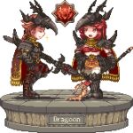  1boy 1girl armor breastplate brown_hair cape dragoon dragoon_(tree_of_savior) faux_figurine full_armor greaves helmet long_hair midriff pixel_art polearm redhead shoulder_armor spear spiked_armor toshi6786 tree_of_savior weapon 