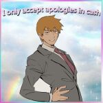 1boy angrymobroomm blonde_hair clouds english_commentary english_text grey_jacket hand_on_own_hip jacket long_sleeves looking_at_viewer lowres male_focus meme mob_psycho_100 necktie rainbow reigen_arataka short_hair smile solo suit suit_jacket upper_body