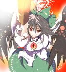  1girl absurdres arm_cannon bird_wings black_hair black_wings bow breasts closed_mouth commentary green_bow green_skirt hair_bow highres ichizen_(o_tori) long_hair looking_at_viewer one-hour_drawing_challenge red_background red_eyes reiuji_utsuho shirt short_sleeves skirt smile solo touhou weapon white_shirt wings 