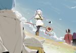  2girls 3boys absurdres arms_behind_back black_pantyhose blonde_hair blue_hair blue_sky blurry blurry_foreground brown_footwear capelet clouds cloudy_sky day dress eisen_(sousou_no_frieren) elf fern_(sousou_no_frieren) frieren green_eyes highres himmel_(sousou_no_frieren) holding holding_staff long_hair long_sleeves multiple_boys multiple_girls orange_hair pantyhose parted_bangs pointy_ears purple_hair renxzd short_dress sidelocks sky solo_focus sousou_no_frieren staff standing stark_(sousou_no_frieren) thick_eyebrows twintails very_long_hair white_capelet white_dress 