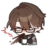  1boy black_scarf brown_hair chibi closed_eyes coffee cup grey_sleeves holding holding_cup honkai:_star_rail honkai_(series) lowres male_focus multicolored_hair official_art scarf short_hair solo spitting streaked_hair transparent_background upper_body v-shaped_eyebrows welt_yang 
