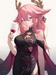  1girl alcohol animal_ears black_dress blush breasts closed_mouth commission cup dress drinking_glass earrings floppy_ears floral_print fox_ears genshin_impact hair_between_eyes hair_ornament highres holding holding_cup jewelry large_breasts long_hair looking_at_viewer oioi_ainomo pink_hair purple_nails side_slit smile solo violet_eyes wine_glass yae_miko 