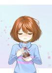  1other absurdres androgynous bag blonde_hair blue_background blue_sweater blush bob_cut border brown_hair closed_eyes closed_mouth colored_inner_hair commentary cookie double_horizontal_stripe food frisk_(undertale) gradient_background hair_between_eyes heart heart-shaped_cookie highres holding holding_bag holding_cookie holding_food letterboxed lips loose_hair_strand multicolored_hair nose_blush outside_border pink_background pink_sweater plastic_bag shio_toukou short_hair standing sweater turtleneck turtleneck_sweater two-tone_hair two-tone_sweater undertale white_border white_day wind 