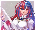  1girl alear_(female)_(fire_emblem) alear_(fire_emblem) blue_eyes blue_hair fire_emblem fire_emblem_engage hazuki_(nyorosuke) heterochromia holding holding_sword holding_weapon long_hair looking_at_viewer multicolored_hair open_mouth red_eyes redhead smile solo split-color_hair sword tiara two-tone_hair weapon 