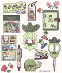  ^_^ animal_print binder_clip buttons closed_eyes commentary_request english_text floral_print flower grid_background leaf mochopaccho no_humans notebook pen petilil pokemon pokemon_(creature) scissors simple_background stapler stuffed_toy tag tape white_background 