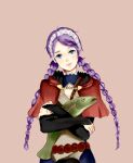  1girl ahoge alternate_hair_color animal blue_eyes braid capelet dierwe fire_emblem fire_emblem_fates fish hairband holding holding_animal holding_fish hood hood_down hooded_capelet long_hair low_twin_braids nina_(fire_emblem) parted_bangs purple_hair red_capelet red_hood solo twin_braids 