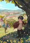  1girl 2boys absurdres armin_arlert black_hair blonde_hair blue_eyes eren_yeager full_body grass highres house in-universe_location leaf long_sleeves mikasa_ackerman multiple_boys perspective running shingeki_no_kyojin shirt short_hair smile tree tree_shade under_tree windmill zb_relic 