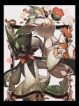  :3 animal_focus black_border black_fur border brown_eyes fang green_fur heart highres leaf leafeon meowscarada no_humans open_mouth pawpads pokemon pokemon_(creature) red_eyes reo_(mmocc123) teeth white_background white_fur 