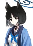  1girl absurdres animal_ears ash_(cat7evy) black_hair black_sailor_collar blue_archive blue_halo blue_neckerchief cat_ears commentary_request frown grey_eyes halo haori highres japanese_clothes kikyou_(blue_archive) long_sleeves looking_at_viewer neckerchief sailor_collar short_hair simple_background solo upper_body white_background wide_sleeves 