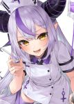 1girl absurdres ahoge black_horns braid braided_bangs grey_hair hat highres holding holding_syringe hololive horns izumi_kei la+_darknesss long_hair looking_at_viewer multicolored_hair nurse nurse_cap open_mouth pointy_ears purple_hair purple_thighhighs smile solo streaked_hair striped_horns syringe thigh-highs virtual_youtuber yellow_eyes 