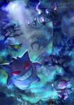  artist_name chandelure colored_skin dappled_sunlight dreepy floating forest gem gengar grin nanami_lusia nature pokemon pokemon_(creature) purple_skin red_eyes sableye sharp_teeth skull smile sunlight teeth tree trevenant watermark 