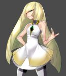  1girl bare_arms bare_shoulders black_leggings blonde_hair breasts diamond_(shape) dress gem green_eyes green_gemstone hair_over_one_eye hand_on_own_hip highres hizagawa_rau leggings long_hair lusamine_(pokemon) mature_female pokemon pokemon_(game) pokemon_sm short_dress sleeveless sleeveless_dress small_breasts solo two-tone_legwear very_long_hair white_dress white_leggings 