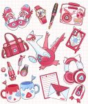  animal_print bag cellphone commentary_request cup gem grid_background handbag headphones latias lipstick makeup mochopaccho mouse_(computer) pen phone pokemon postcard radio red_footwear shoelaces shoes simple_background sneakers stuffed_toy twitter_username watch watch white_background 