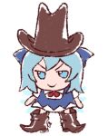  1girl blue_dress blue_eyes blue_hair boots brown_footwear cirno closed_mouth commentary cowboy_hat dress english_commentary full_body fumo_(doll) hat jitome looking_at_viewer short_hair short_sleeves simple_background skullchimes smile solo standing touhou v-shaped_eyebrows white_background 