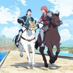  2boys afro armor black_hair blue_sky capelet dark-skinned_male dark_skin dasshu_(dashi_now) favaro_leone green_capelet highres horse horseback_riding kaisar_lidfald multiple_boys pompadour redhead riding shingeki_no_bahamut shingeki_no_bahamut:_genesis short_hair shoulder_armor sky smile 