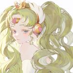  1girl bare_shoulders blue_eyes blush colored_eyelashes crown falulu forehead_jewel green_hair hair_focus headphones highres long_hair looking_at_viewer looking_back parted_bangs parted_lips pretty_(series) pripara sidelocks sikaku simple_background solo twintails upper_body wavy_hair white_background wing_hair_ornament 