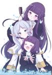  3girls black_robe character_request fern_(sousou_no_frieren) frieren giorgio_(yo_sumire_sola1) gold_trim green_eyes highres holding holding_brush long_hair looking_at_another multiple_girls pointy_ears purple_hair robe short_hair sousou_no_frieren twintails violet_eyes white_hair white_robe 