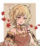  1girl blonde_hair choker citrinne_(fire_emblem) commentary_request detached_sleeves earrings feather_hair_ornament feathers fire_emblem fire_emblem_engage gem gold_choker gold_trim hair_ornament highres hoop_earrings jewelry looking_at_viewer necklace oda32t open_mouth red_eyes shawl short_hair smile solo 
