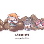  3girls almond animal_ears blush blush_stickers brown_hair chibi chocolate commentary eating english_commentary english_text feather_hair_ornament feathers hair_ornament hakos_baelz hakos_baelz_(1st_costume) heart highres hololive hololive_english instagram_username monja_(monja0521) mouse_ears multiple_girls nanashi_mumei nanashi_mumei_(1st_costume) orange_hair pixiv_username ponytail redhead takanashi_kiara takanashi_kiara_(1st_costume) twitter_username virtual_youtuber 