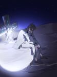 1boy black_hair cigarette commentary cross dessert food from_side jacket light male_focus nicholas_d._wolfwood night night_sky pants raine_(acke2445) shirt shoes short_hair sitting sky solo suit sunglasses symbol-only_commentary trigun 