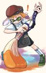  ! +_+ 1girl apron beret collared_shirt commentary_request gradient_hair green_eyes green_footwear hat highres holding holding_brush inkbrush_(splatoon) inkling inkling_girl multicolored_hair nastar_r0 orange_hair paint paintbrush purple_hair shirt shoelaces shoes short_hair socks solo splatoon_(series) tongue tongue_out two-tone_hair white_background white_shirt white_socks 
