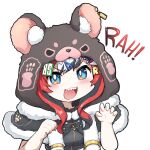  1girl :d absurdres animal_costume animal_hood black_capelet black_hair black_tube_top blue_eyes blush capelet claw_pose commentary english_commentary fur-trimmed_capelet fur_trim hair_ornament hairclip hakos_baelz hakos_baelz_(3rd_costume) highres hololive hololive_english hood hood_up hooded_capelet looking_at_viewer mouse_hood multicolored_hair number_hair_ornament official_alternate_costume open_mouth redhead sharp_teeth simple_background smile snowmya solo strapless streaked_hair teeth tube_top upper_body v-shaped_eyebrows virtual_youtuber white_background white_hair 