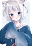  1girl :o animal_ear_fluff animal_ears blue_eyes blue_hair blue_hoodie blush cat_ears commentary drawstring english_commentary gawr_gura grey_hair highres hololive hololive_english hood hood_down hoodie long_sleeves looking_at_viewer multicolored_hair naarsann parted_lips sleeves_past_fingers sleeves_past_wrists solo streaked_hair two_side_up upper_body virtual_youtuber 