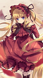  1girl absurdres blonde_hair blue_eyes bonnet closed_mouth dress drill_hair highres holding_own_dress kanzakietc long_hair looking_at_viewer red_bonnet red_dress rozen_maiden shinku smile solo twintails 