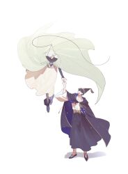  2boys black_hair cape cloak floating full_body hat highres holding_hands long_sleeves looking_at_another multiple_boys olruggio_(tongari_boushi_no_atelier) open_mouth qifrey_(tongari_boushi_no_atelier) robe shirt short_hair simple_background skirt smile standing tongari_boushi_no_atelier white_background white_hair wide_sleeves witch_hat wizard_hat 