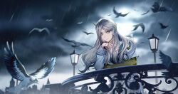  1girl absurdres against_railing bird chinese_commentary commentary_request elbow_gloves gloves grey_eyes grey_hair grey_sky hair_ornament highres lamppost long_hair looking_at_viewer lorentz_butterfly mole mole_under_eye outdoors overcast railing rain reverse:1999 shirt single_elbow_glove sky solo too_many too_many_birds upper_body white_shirt wvw yellow_gloves 