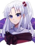  1girl closed_mouth commentary_request cropped_torso grey_hair hair_bobbles hair_ornament light_blush long_hair looking_at_viewer one_side_up shinki_(touhou) simple_background smile solo touhou touhou_(pc-98) upper_body violet_eyes white_background yuki_10825 