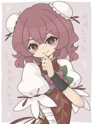 1girl bandaged_arm bandages bun_cover character_name closed_mouth commentary crossed_bangs double-parted_bangs double_bun hair_bun hand_up harukairo highres ibaraki_kasen looking_at_viewer pink_eyes pink_hair puffy_short_sleeves puffy_sleeves red_tabard shirt short_hair short_sleeves smile solo tabard touhou untranslatable_commentary upper_body white_shirt wristband 