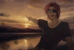  1boy black_shirt clouds earrings eyepatch green_eyes heartsteel_kayn highres jewelry kayn_(league_of_legends) league_of_legends looking_at_viewer male_focus necklace open_mouth outdoors parted_bangs pink_hair pointing shirt short_hair short_sleeves sky smile solo sunlight sunset teeth upper_body water zyrophin 