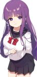  1girl alternate_costume anger_vein blunt_bangs breasts clenched_hand closed_mouth commentary_request fern_(sousou_no_frieren) highres inuyama_nanami long_hair looking_at_viewer pout purple_hair ribbon school_uniform simple_background solo sousou_no_frieren translation_request violet_eyes white_background 