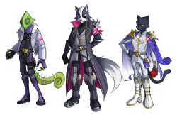  3boys animal_ears black_fur chameleon_boy chameleon_tail closed_mouth diviously english_commentary furry furry_male green_scales highres leon_powalski looking_at_viewer looking_to_the_side male_focus multiple_boys panther_boy panther_caroso panther_ears panther_tail smile star_fox tail white_background wolf_boy wolf_ears wolf_o'donnell wolf_tail 