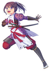  1boy :d armor black_hair brown_gloves commentary_request ctlg_ngwk curly_sidelocks dou full_body gloves hair_between_eyes hair_intakes hakama high_ponytail houjou_tokiyuki_(nige_jouzu_no_wakagimi) japanese_armor japanese_clothes juliet_sleeves katana kimono knee_up kote kurokote leg_up long_hair long_sleeves looking_at_viewer male_focus mitsu_uroko nige_jouzu_no_wakagimi ninja outstretched_arm ponytail puffy_sleeves purple_kimono red_hakama red_sash running sandals sash sheath sheathed shide shin_guards simple_background smile solo standing standing_on_one_leg suneate sword tabard tabi teeth upper_teeth_only v-shaped_eyebrows violet_eyes weapon white_background white_tabard wrist_guards zouri 