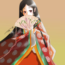  1girl chutohampa commentary_request covered_mouth crest family_crest fan_over_face folding_fan gradient_background hand_fan heian highres hikimayu holding holding_fan japanese_clothes kimono layered_kimono long_sidelocks original parted_bangs print_fan red_eyes red_kimono sidelocks sideways_glance signature solo standing upper_body wide_sleeves wisteria_print 